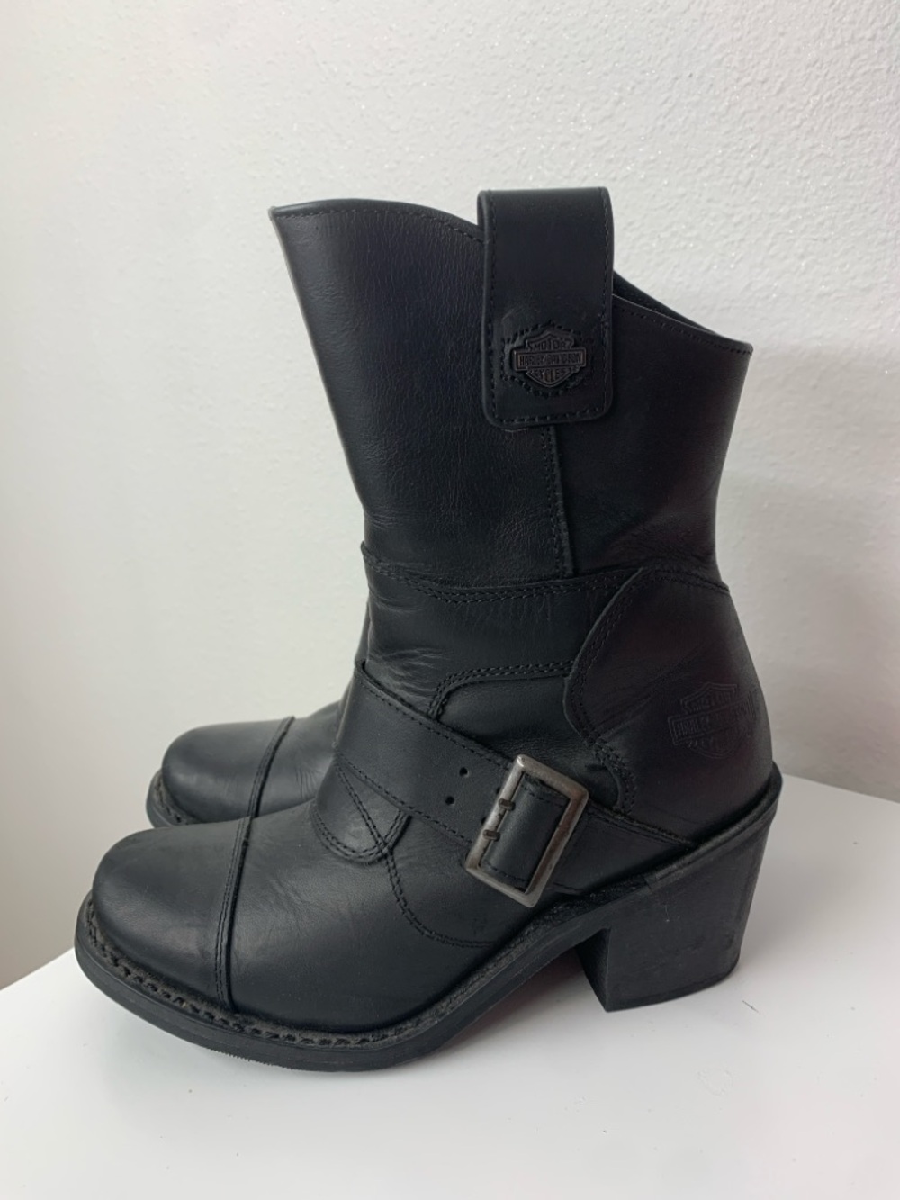 Harley-Davidson Black Leather Mid-Calf Heeled Biker Boots